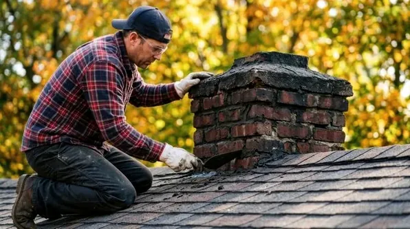 Mason rebuilding the top of an old farmhouse chimney in Brown Township