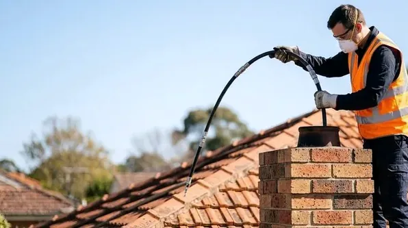 Lowering a stainless liner into an old farmhouse chimney near Amlin